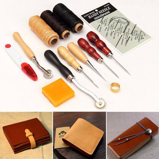 Immagine di 13pcs Wood Handle Leather Craft Tools Kit Leather Hand Sewing Tool Punch Cutter DIY Set
