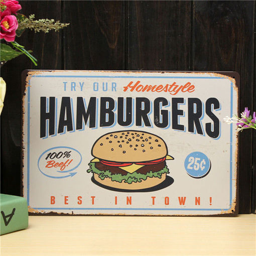 Picture of Hamburgers Sheet Metal Drawing Retro Metal Painting Pub Club Cafe Poster Sign Tin Decor