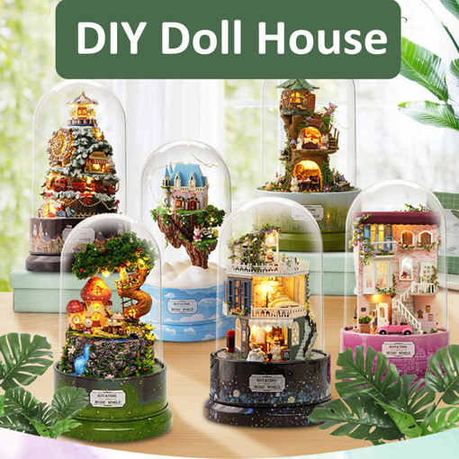 Immagine di DIY Music Small Doll House Miniature Kit Rotating Box With Dust Cover Kids Gifts