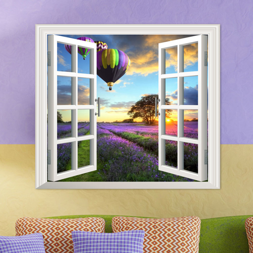 Picture of Lavender PAG 3D Artificial Window Wall Decals Fire Balloon Room Stickers Home Wall Decor Gift